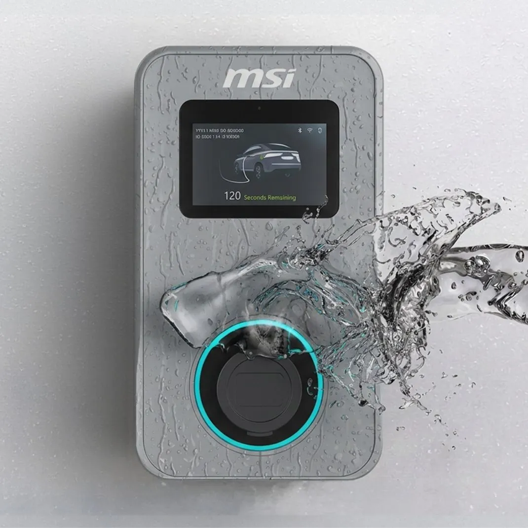 MSI Eco Series Charger with a large water splash to show its IP65 reliability